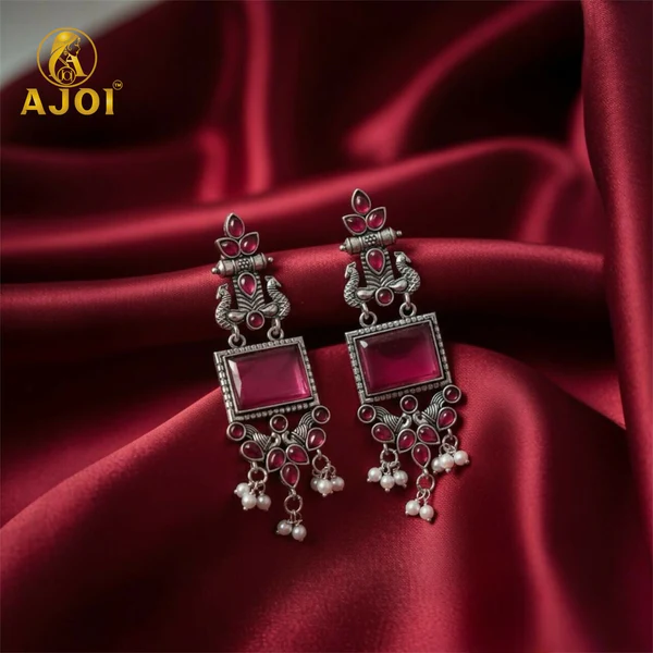 ZTJ65 Premium Antique Silver Earrings with Pink Square Beads and Pearl Hangings