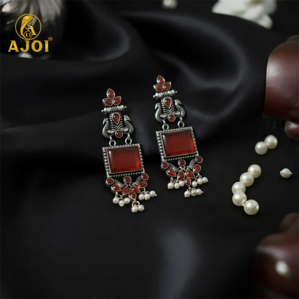 ZTJ68 Elegant Red Stone Oxidised Silver Earrings with Pearl Danglers | Ethnic Statement Jewelry