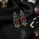 ZTJ68 Elegant Red Stone Oxidised Silver Earrings with Pearl Danglers | Ethnic Statement Jewelry