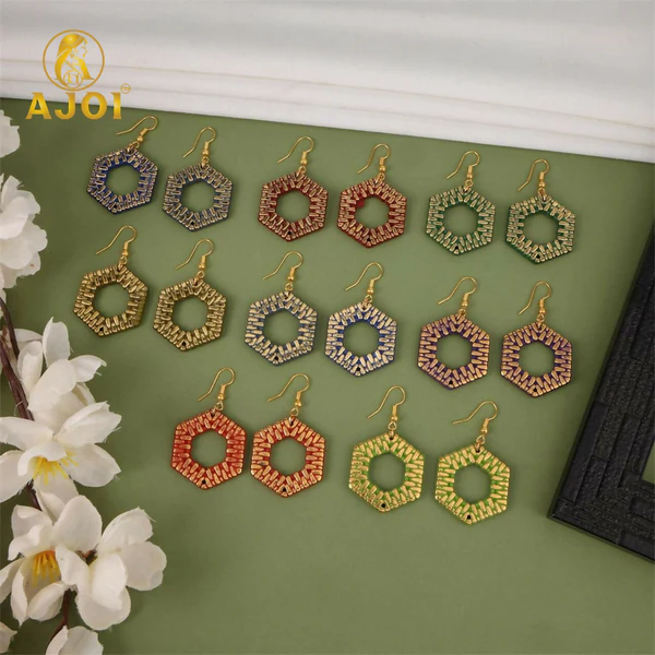 ZTJ70 Elegant Hexa-Textured Dangle Earrings – Lightweight Handmade Earrings (Pack Of 8)