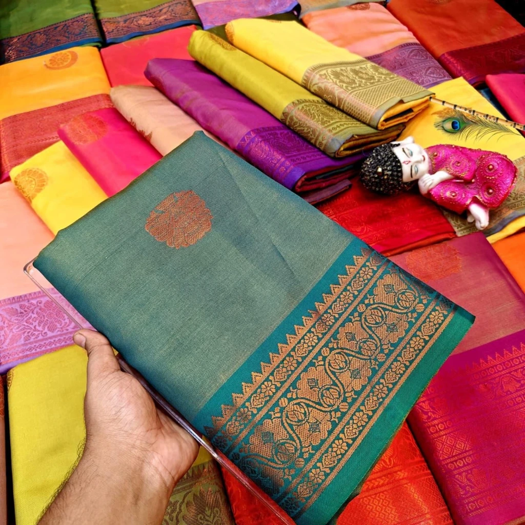 ZTNSS42 Premium South Muga Silk Saree with Copper Zari Border & Butta Design