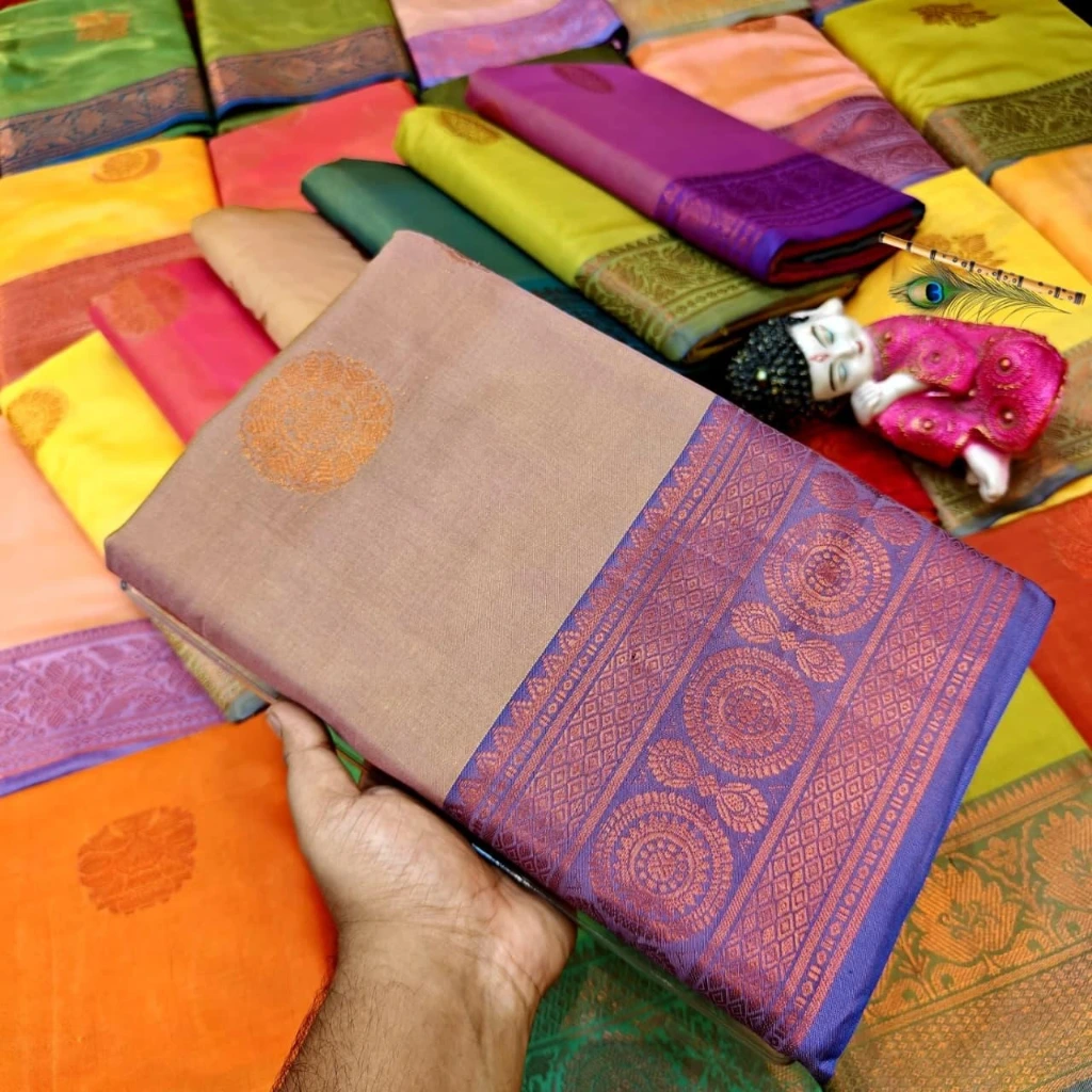 ZTNSS43 Premium South Muga Silk Saree with Dual Tone Finish & Copper Zari Border