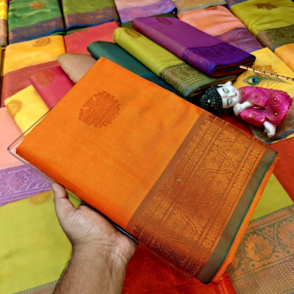 ZTNSS46 Classic South Muga Silk Saree in Burnt Orange with Antique Copper Zari Border