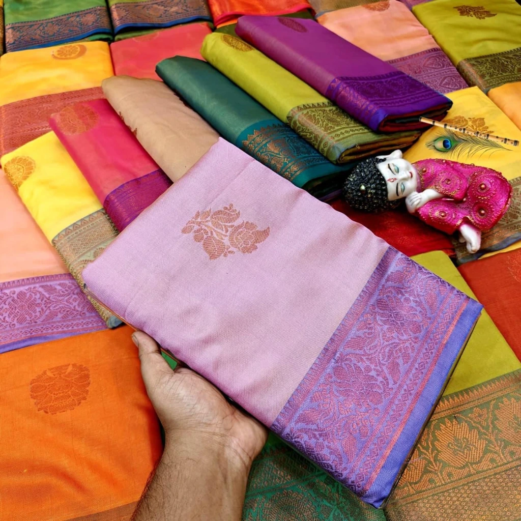 ZTNSS48 Pastel Pink South Muga Silk Saree with Lavender Zari Border