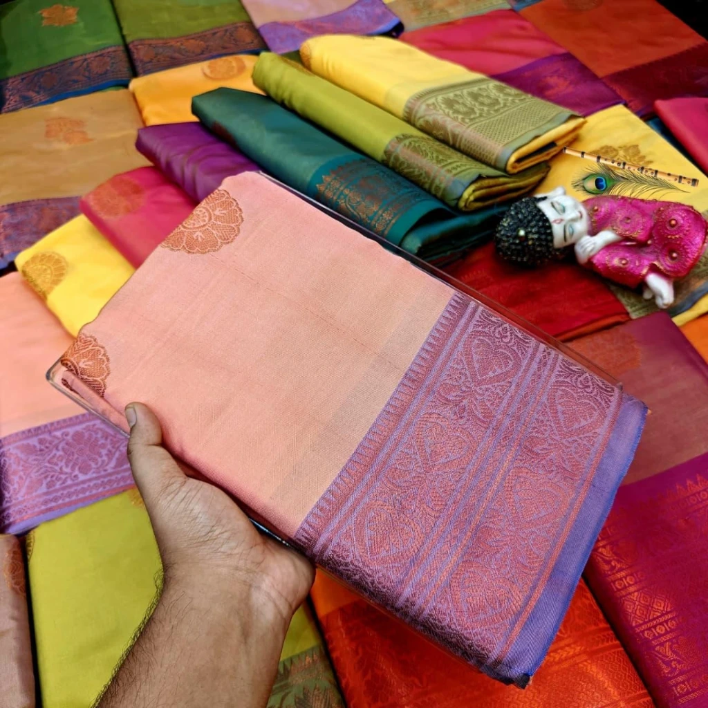 ZTNSS51 Peach Pink South Silk Saree with Lavender Zari Border