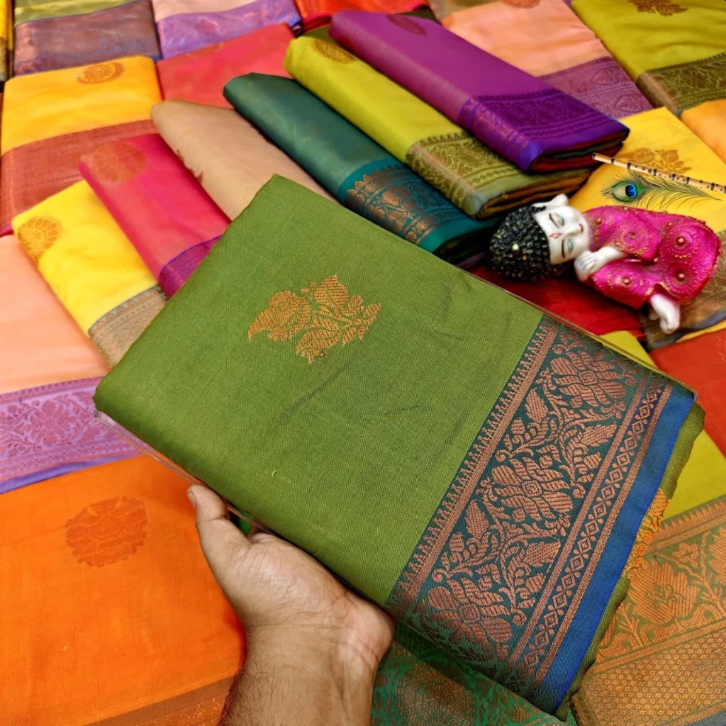 ZTNSS52 Leaf Green South Silk Saree with Copper Zari Border