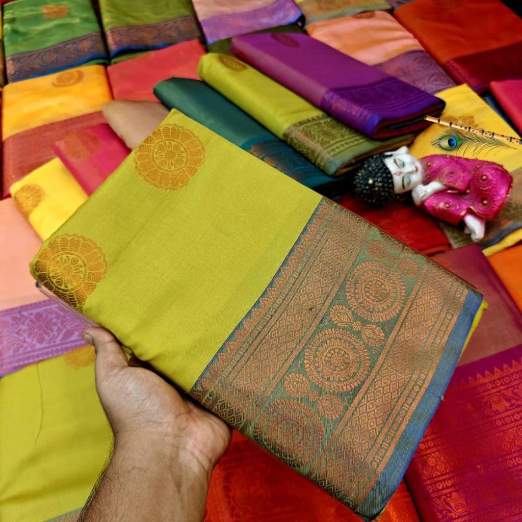 ZTNSS53 Lime Green South Silk Saree with Traditional Copper Zari Border