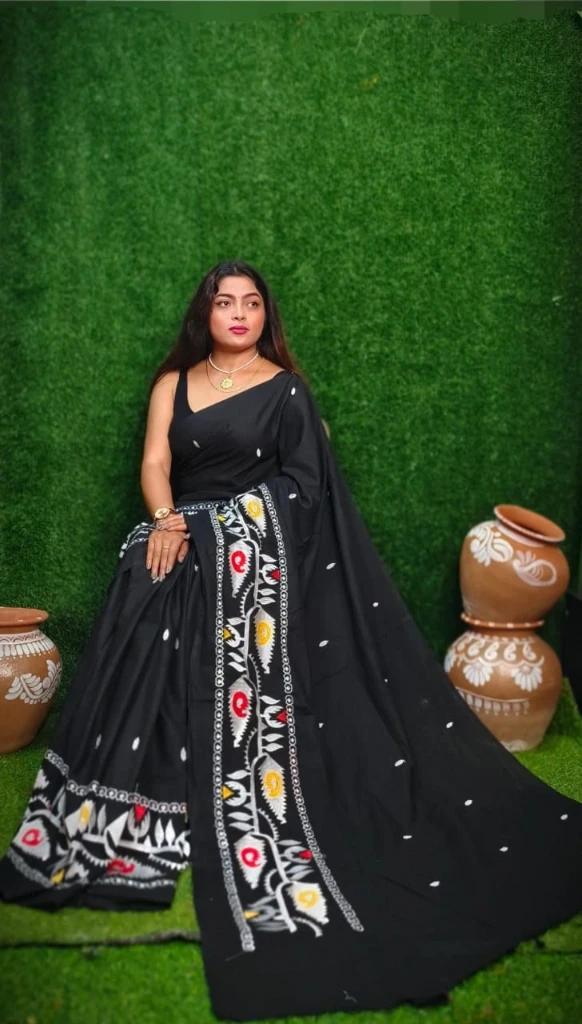 ZTNSS57 Black Korat Par Rayon Saree with Multicolor Thread Butta Work