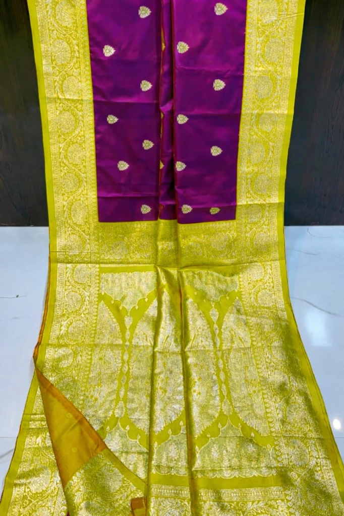 ZTNSS70 Jamuni Purple Silk Saree with Mayurkanthi Zari Border & Parrot Green Pallu (With Blouse Piece)