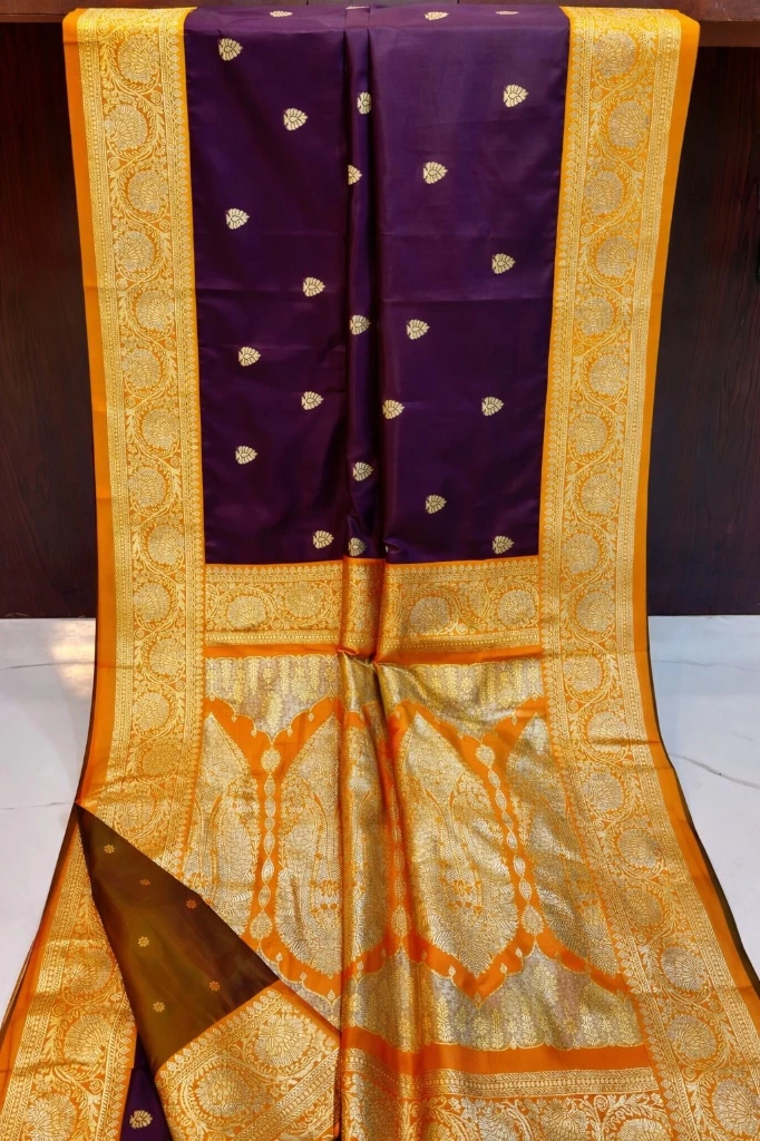 ZTNSS73 Deep Purple Silk Saree with Mustard Yellow Mayurkanthi Zari Border & Pallu (With Blouse Piece)