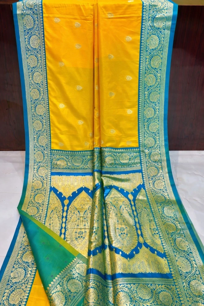 ZTNSS75 Mustard Yellow Silk Saree with Peacock Blue & Green Zari Border and Rich Pallu (With Blouse Piece)