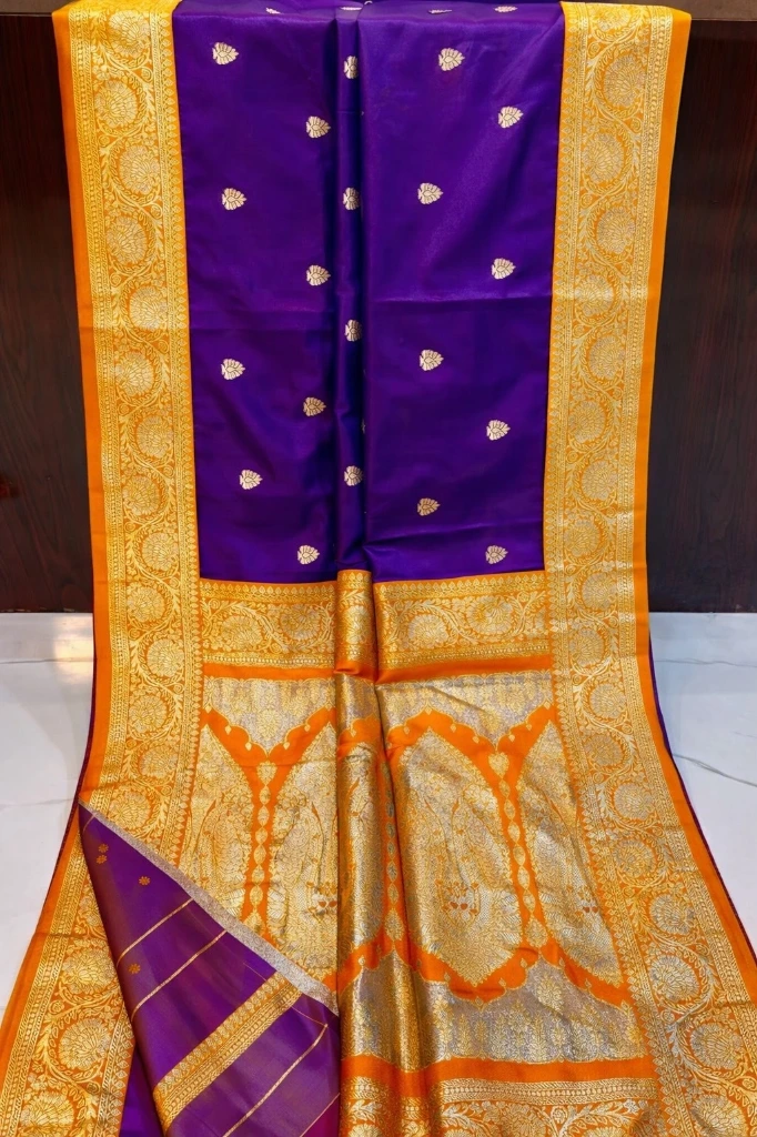 ZTNSS76 Royal Purple Silk Saree with Orange Gold Zari Border & Grand Traditional Pallu (With Blouse Piece)