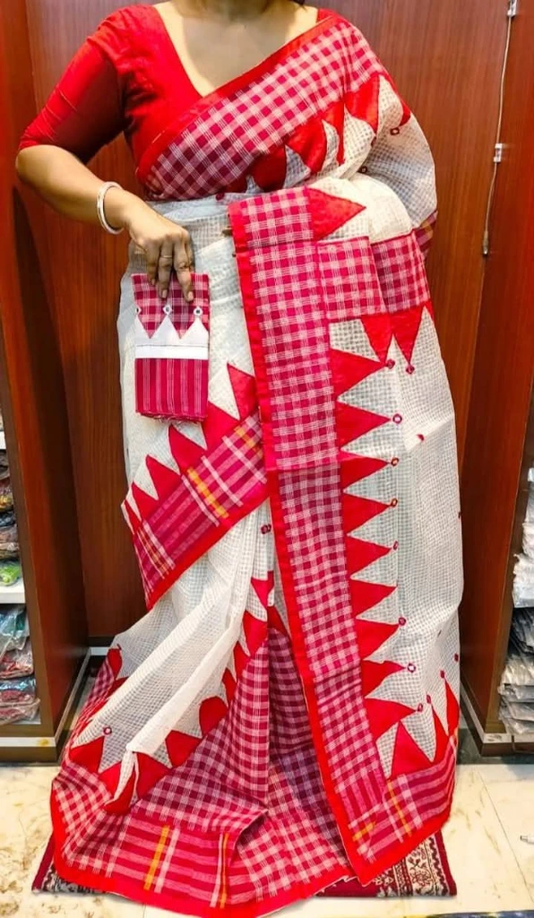 ZTNSS77 Red and White Resham Kota Appliqué Saree with Handcrafted Border