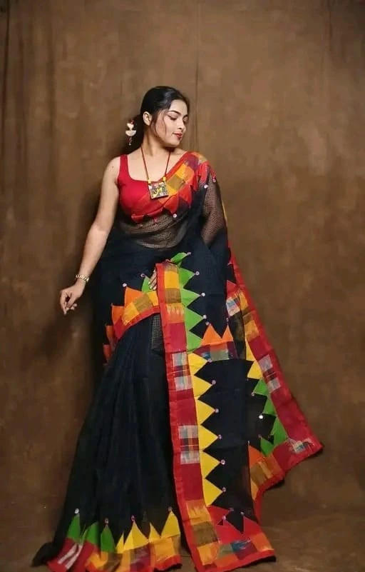 ZTNSS80 Black Multicolour Resham Kota Appliqué Saree with Handcrafted Border
