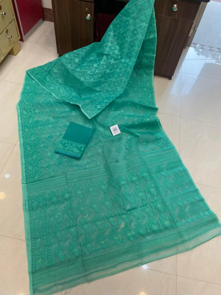 ZTNSS84 Exclusive Soft Dhakai Jamdani Saree in Sea Green with Elegant Woven Border