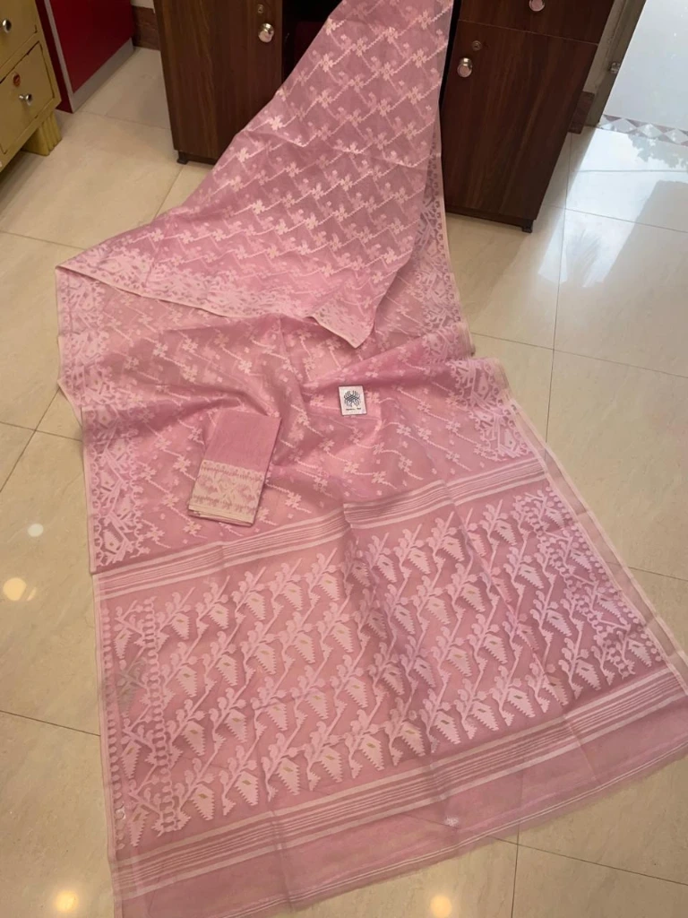 ZTNSS87 Exclusive Soft Dhakai Jamdani Saree in Pastel Blush Pink with Traditional Woven Border