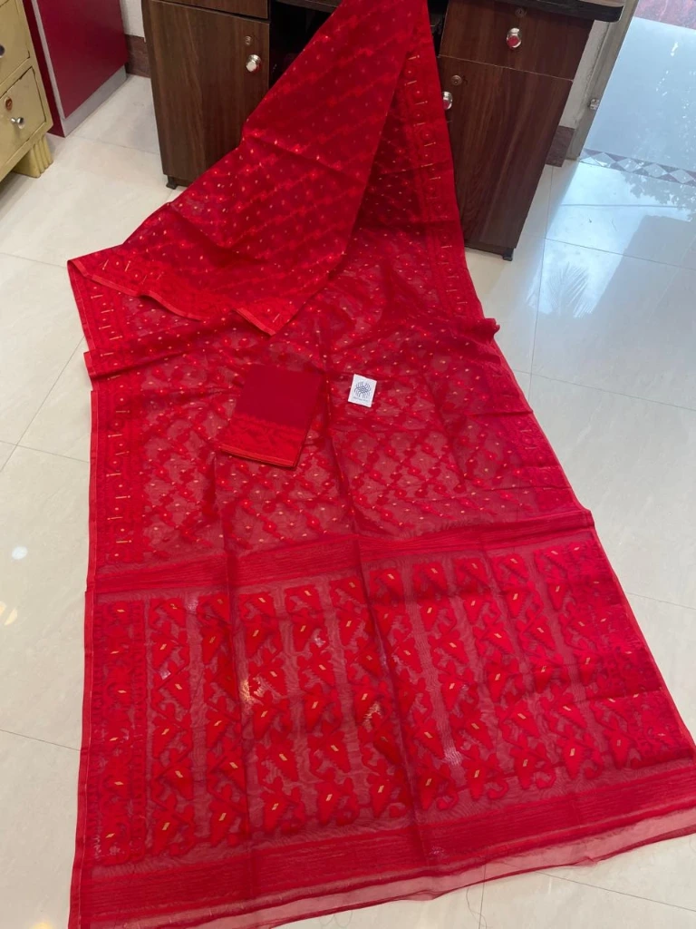 ZTNSS88 Exclusive Soft Dhakai Jamdani Saree in Classic Crimson Red with Traditional Woven Border