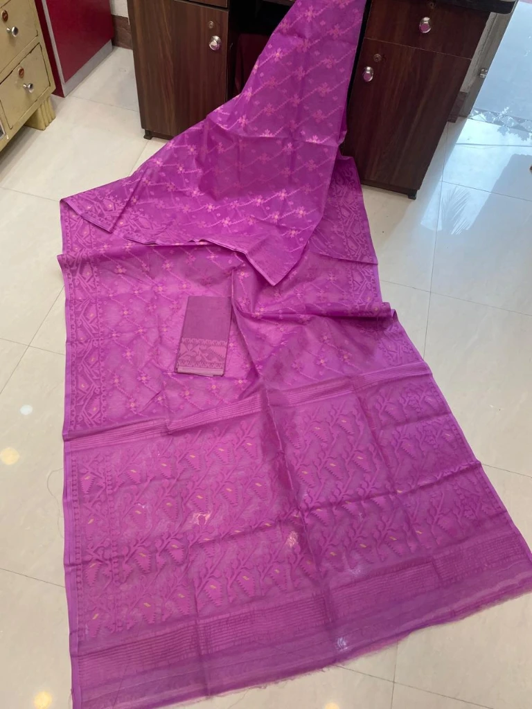 ZTNSS90 Exclusive Soft Dhakai Jamdani Saree in Royal Purple with Tonal Woven Border