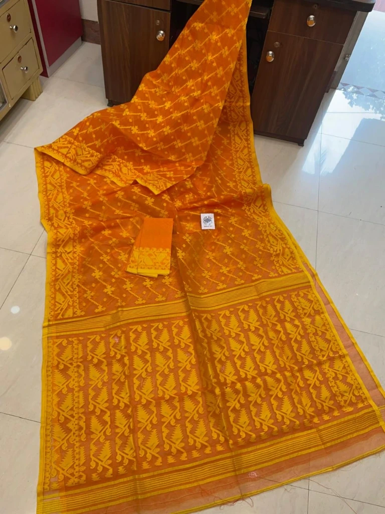 ZTNSS91 Exclusive Soft Dhakai Jamdani Saree in Mustard Yellow with Golden Woven Border