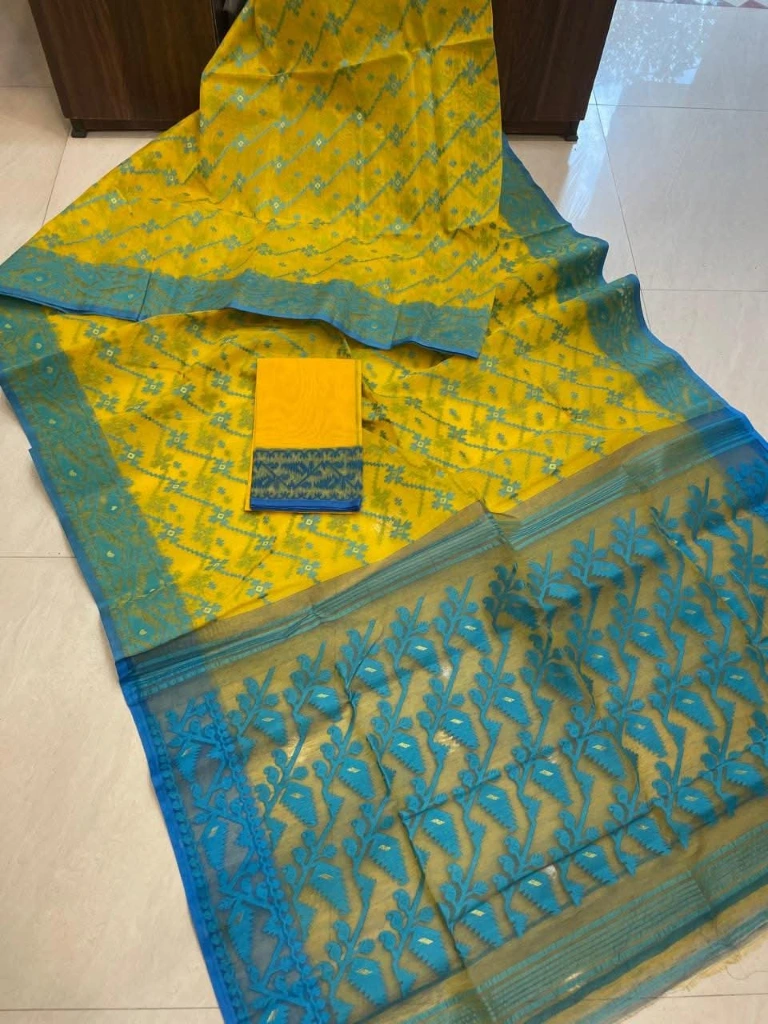 ZTNSS95 Exclusive Soft Dhakai Jamdani Saree in Bright Yellow with Teal Blue Woven Border