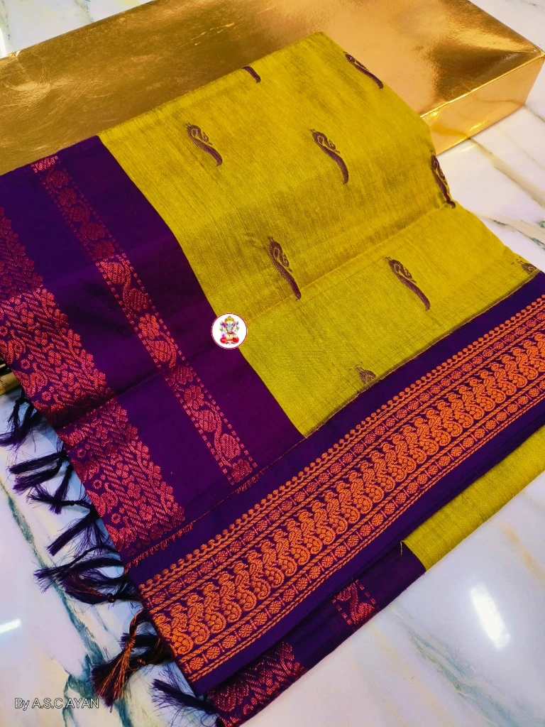 ZTNSS96 South Cotton Buti Gadwal Saree in Lime Yellow with Purple Zari Border