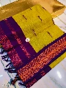 ZTNSS96 South Cotton Buti Gadwal Saree in Lime Yellow with Purple Zari Border