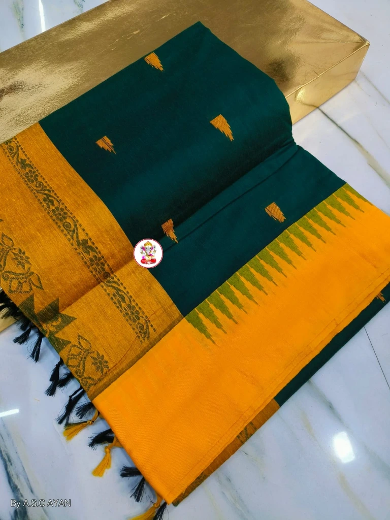 ZTNSS97 South Cotton Buti Gadwal Saree in Teal Green with Mustard Yellow Border