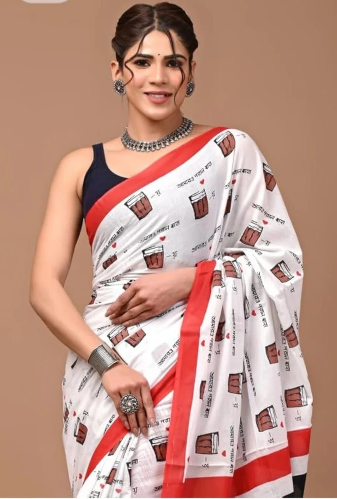 ZTNS9 Stylish Printed Cotton Saree in White with Red & Black Border and Contemporary Motif Print