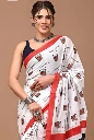 ZTNS9 Stylish Printed Cotton Saree in White with Red & Black Border and Contemporary Motif Print