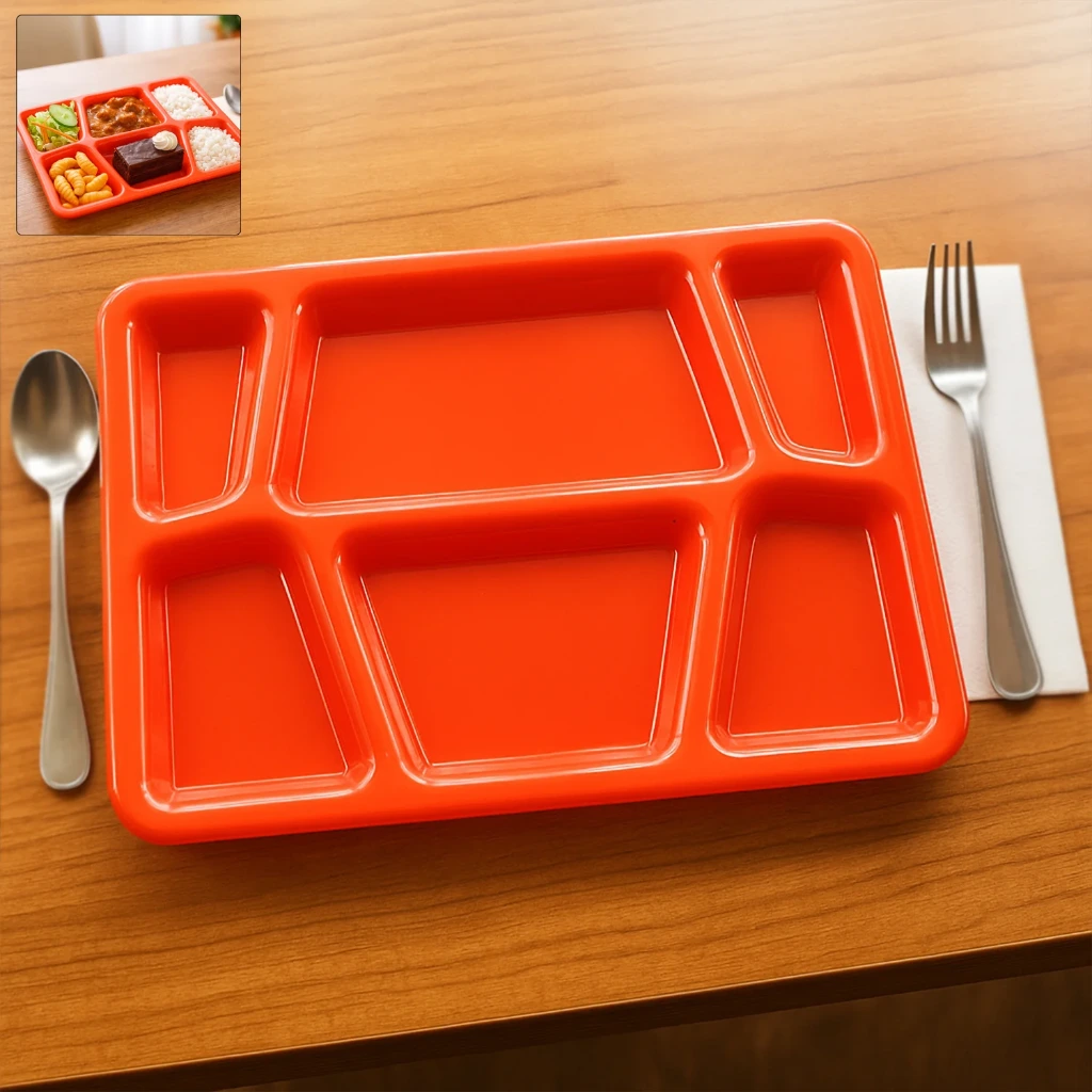 ZTK76 Plastic Multi-Compartment Rectangular Meal Serving Tray / Plate (1Pc / Red)